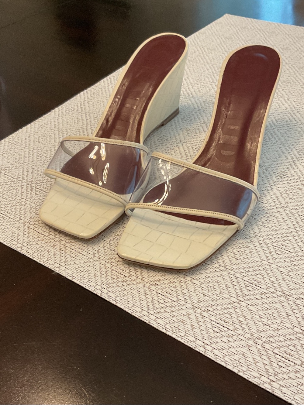 STAUD Cream Croc-Embossed Wedge Mules with Clear Strap and Burgundy Footbed - Picture 5 of 6